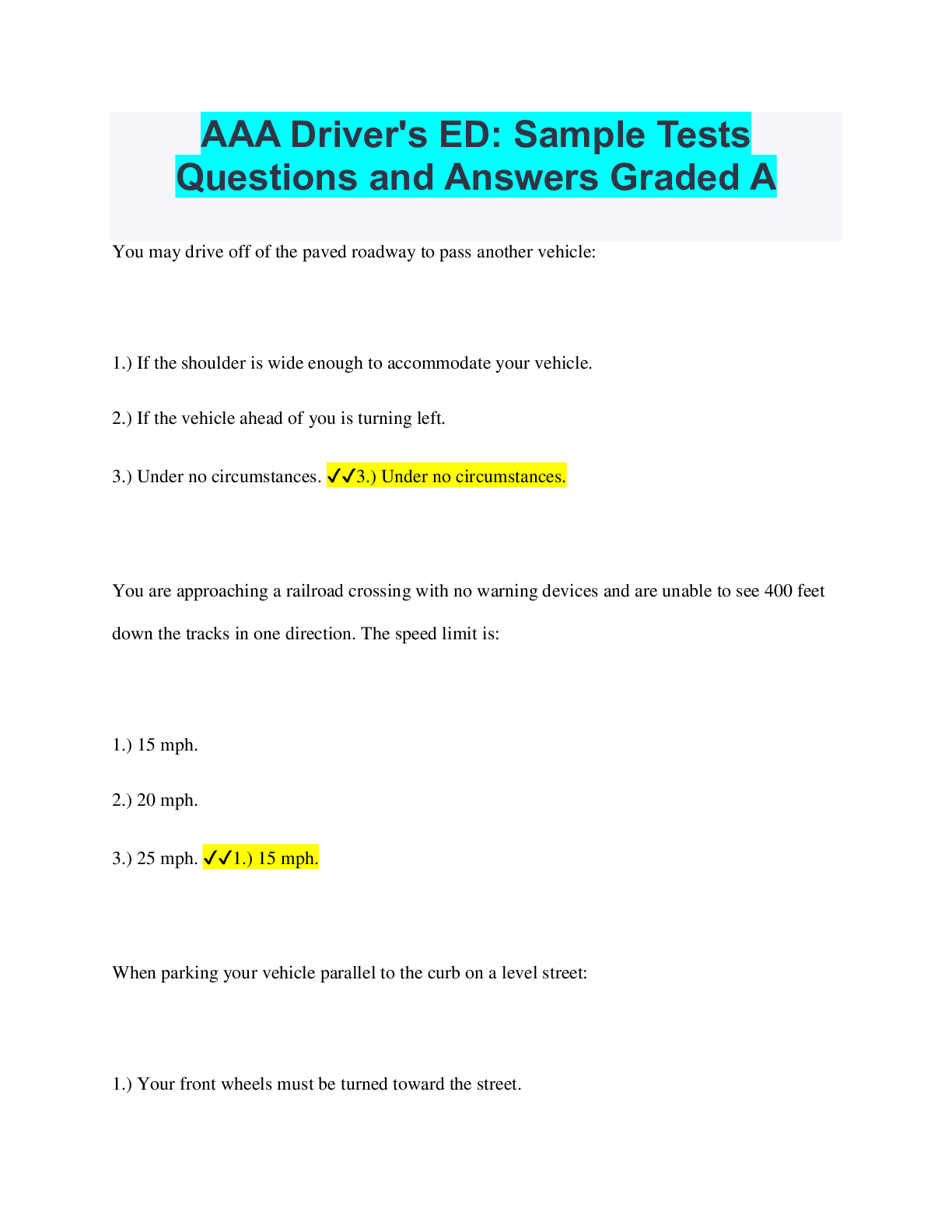 Preview of AAA Driver's ED:  Sample Tests Questions and  Answers Graded  A